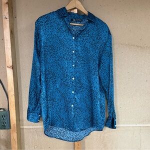 Zara Teal and Black Animal Print Blouse XS